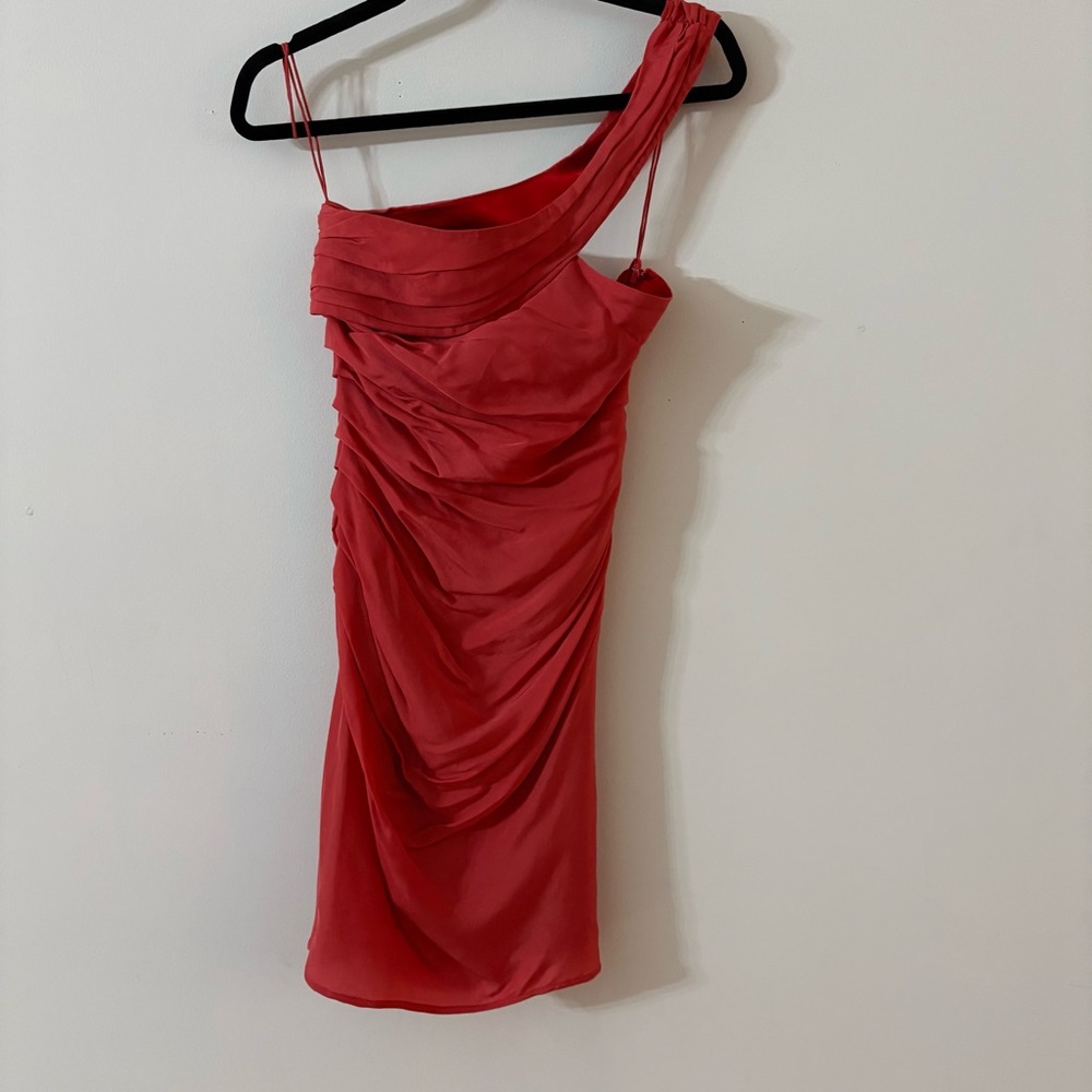 LaRok Coral Asymmetrical Ruched Cocktail Dress